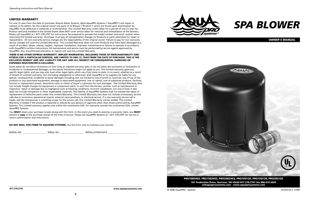 AquaPRO PRO200120, PRO2002403, PRO100120, PRO1502403, PRO150120, PRO1002403 owner manual SPA Blower 