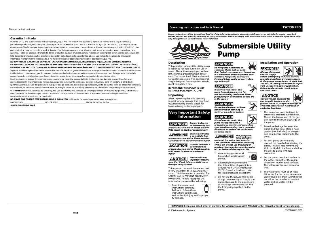 AquaPRO TSC130 PRO operating instructions Garantía limitada, Description, Unpacking, Installation and Operation 