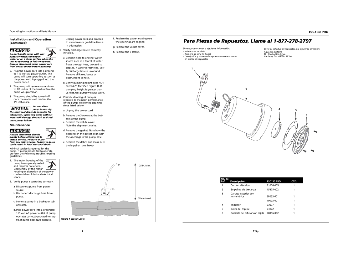 AquaPRO TSC130 PRO operating instructions Para Piezas de Repuestos, Llame al, Maintenance 