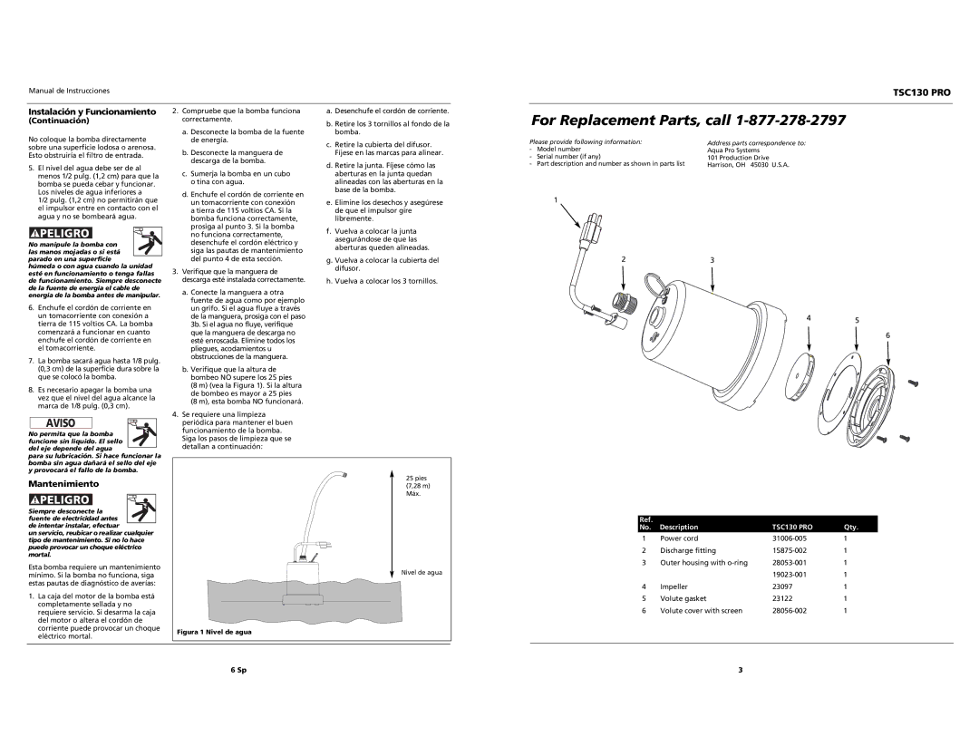 AquaPRO TSC130 PRO operating instructions For Replacement Parts, call, Instalación y Funcionamiento, Mantenimiento 