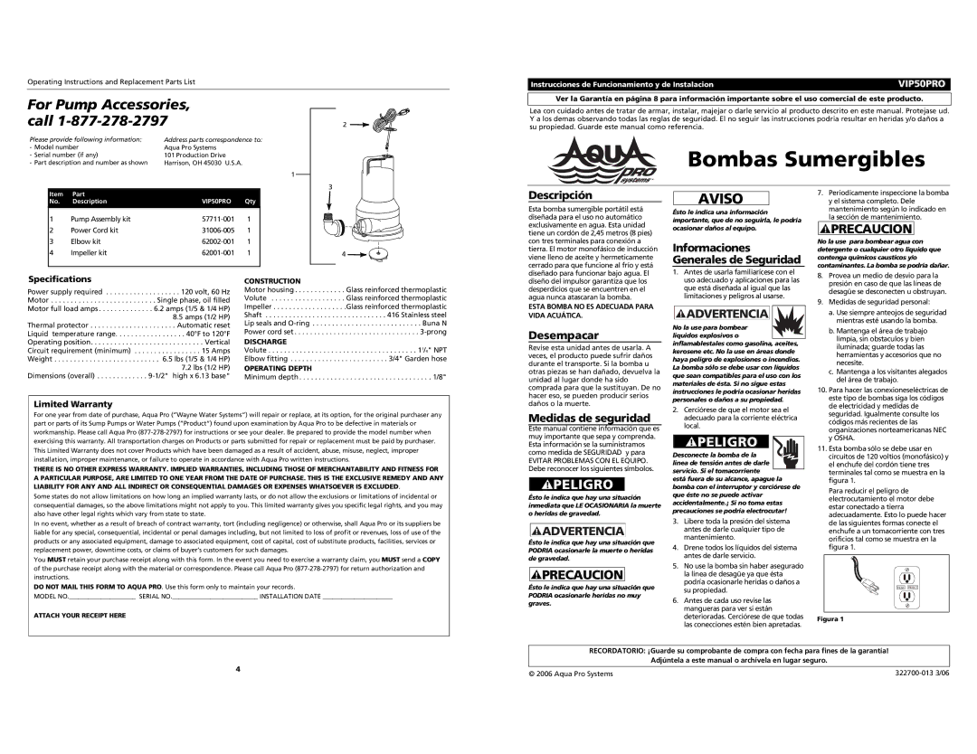 AquaPRO VIP50PRO operating instructions Descripción, Desempacar, Medidas de seguridad, Specifications, Limited Warranty 