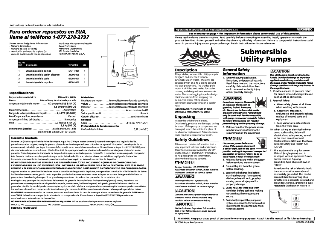 AquaPRO VIP50PRO operating instructions Submersible Utility Pumps, Para ordenar repuestos en EUA, llame al teléfono, 8 Sp 