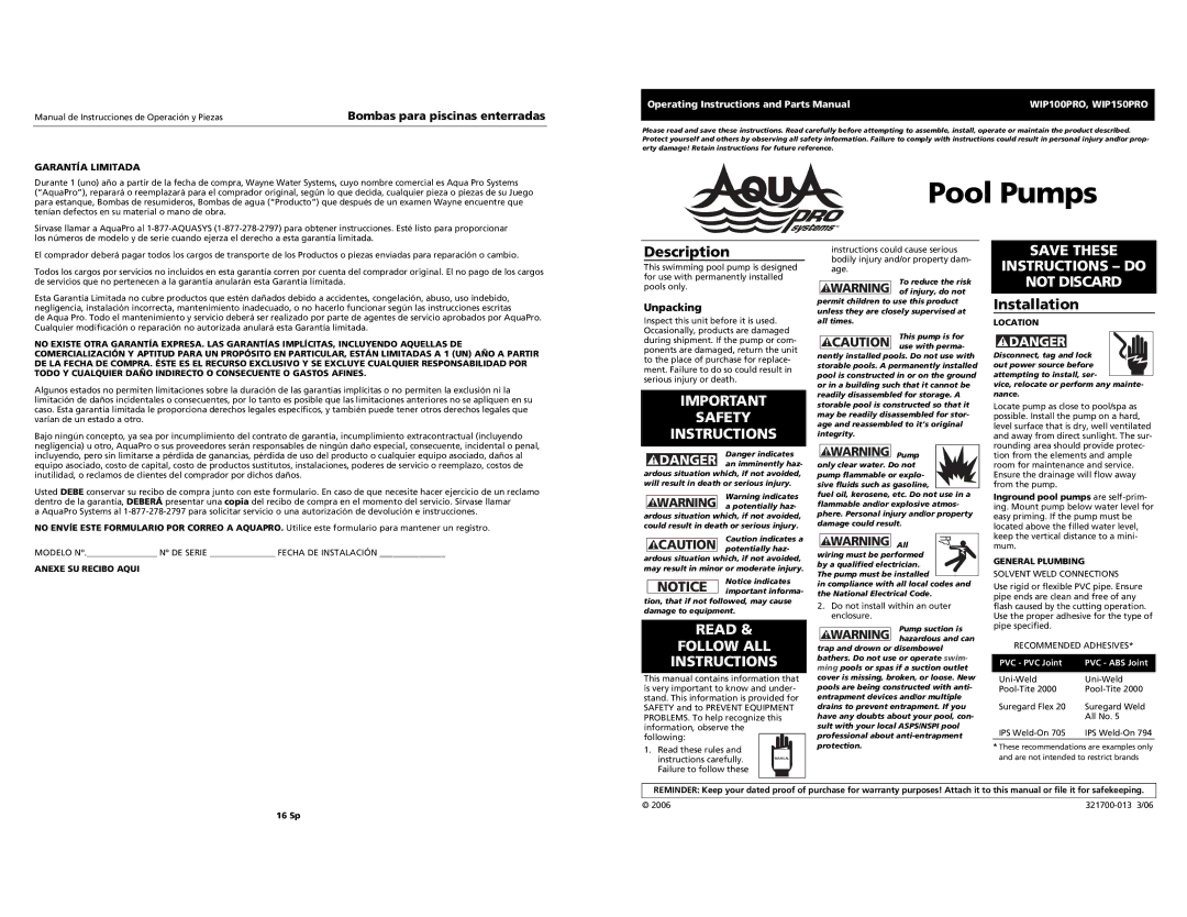 AquaPRO WIP100PRO, WIP150PRO operating instructions Pool Pumps, Safety Instructions, Read Follow ALL Instructions 