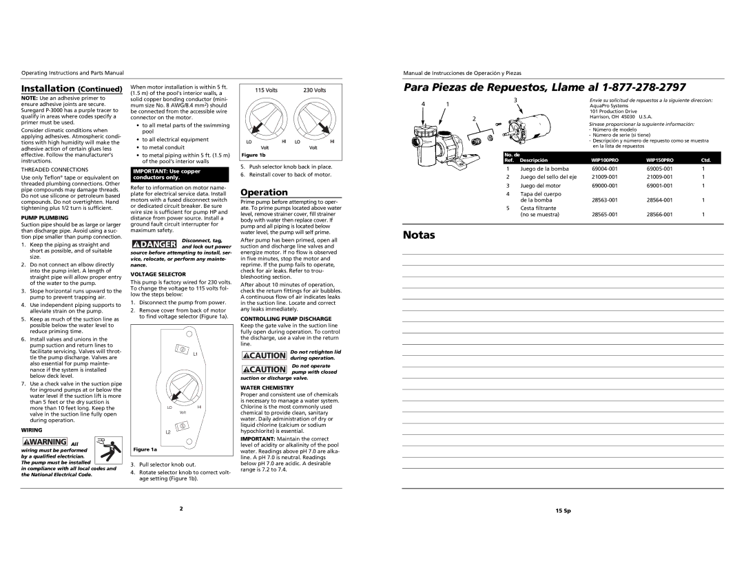 AquaPRO WIP150PRO, WIP100PRO operating instructions Para Piezas de Repuestos, Llame al, Operation 