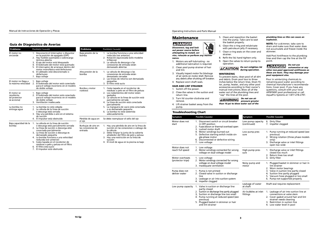 AquaPRO WIP100PRO Maintenance, Guía de Diagnóstico de Averías, Troubleshooting Chart, Hair and Lint Strainer, Winterizing 