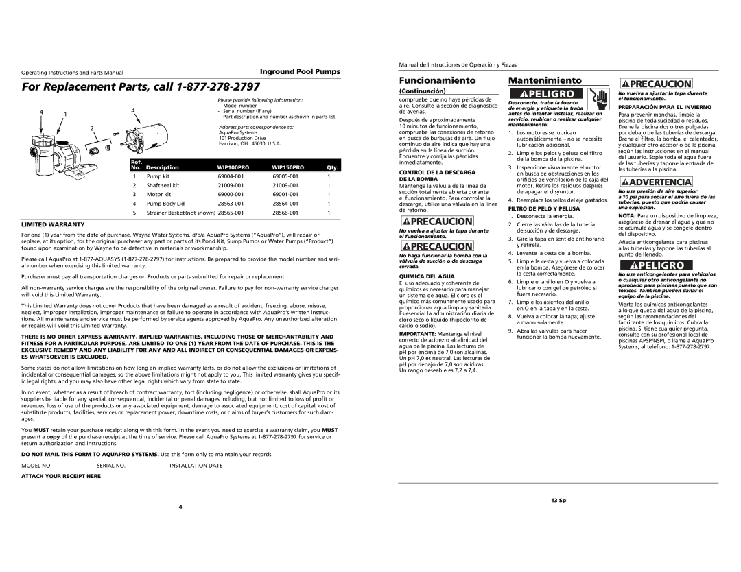 AquaPRO WIP150PRO, WIP100PRO For Replacement Parts, call, Funcionamiento, Mantenimiento, Limited Warranty, Continuación 