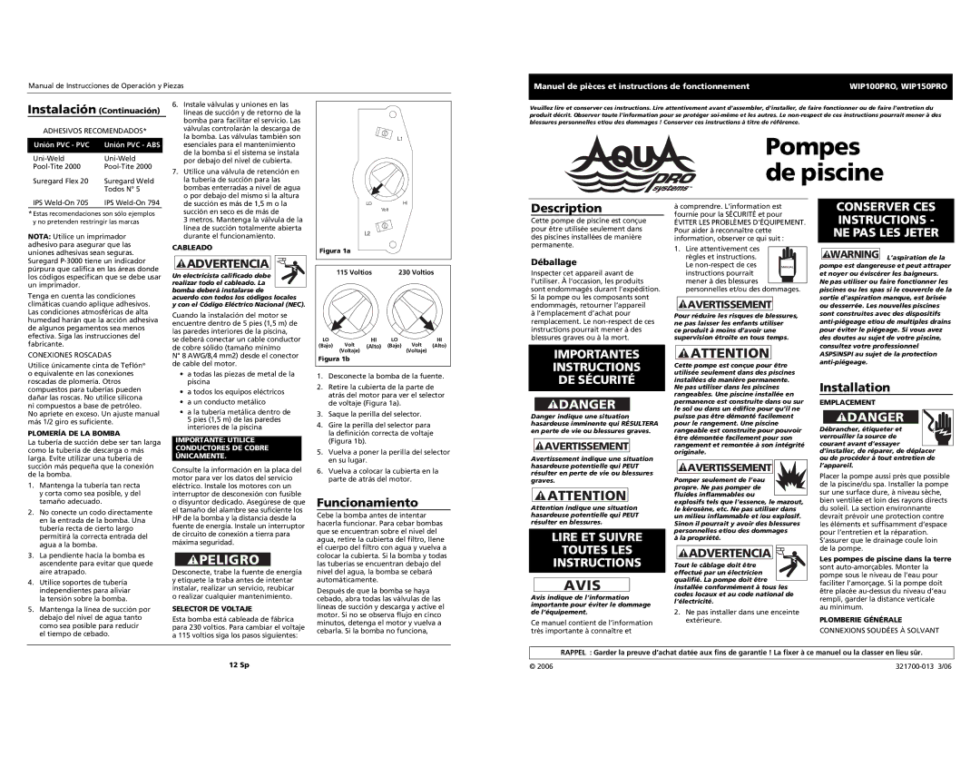 AquaPRO WIP100PRO Pompes de piscine, Avis, Importantes Instructions DE Sécurité, Lire ET Suivre Toutes LES Instructions 