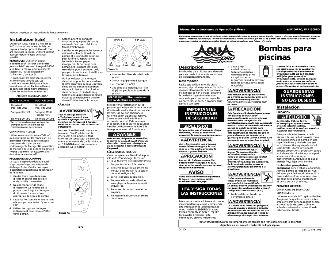 AquaPRO WIP150PRO, WIP100PRO operating instructions Bombas para piscinas, Aviso, Importantes Instrucciones DE Seguridad 