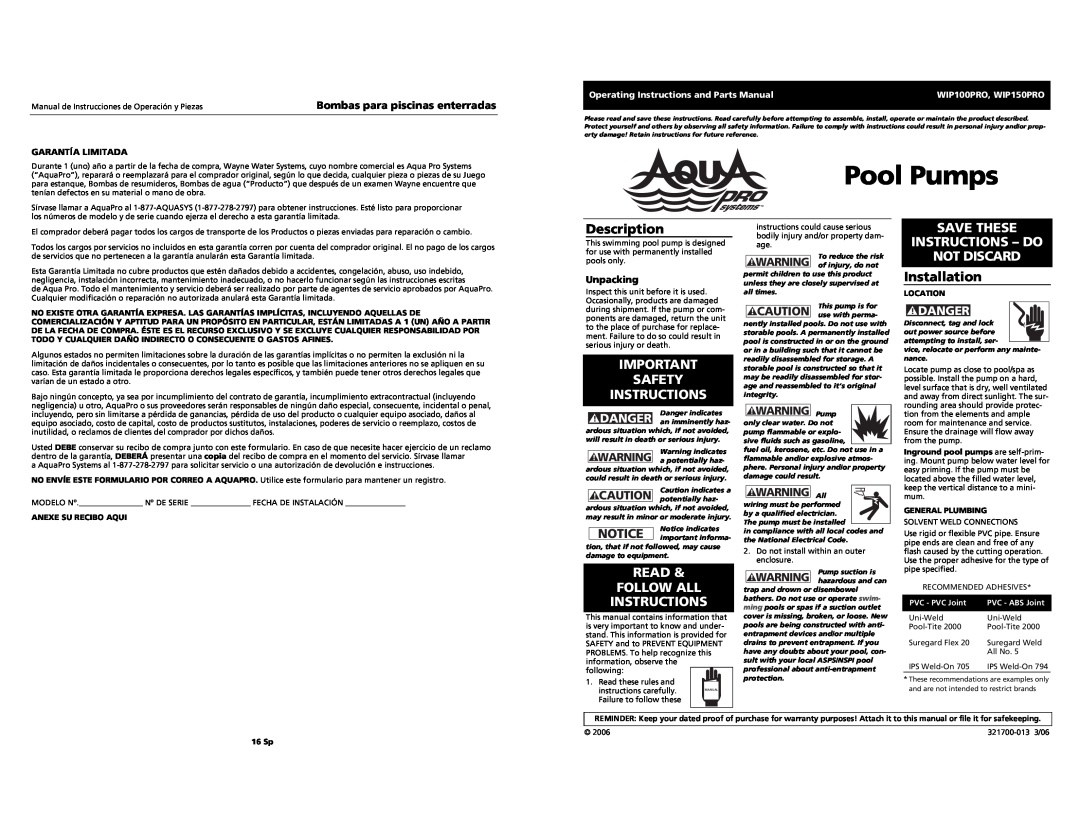 AquaPRO WIP100PRO operating instructions Pool Pumps, Description, Safety Instructions, Read Follow All Instructions, 16 Sp 