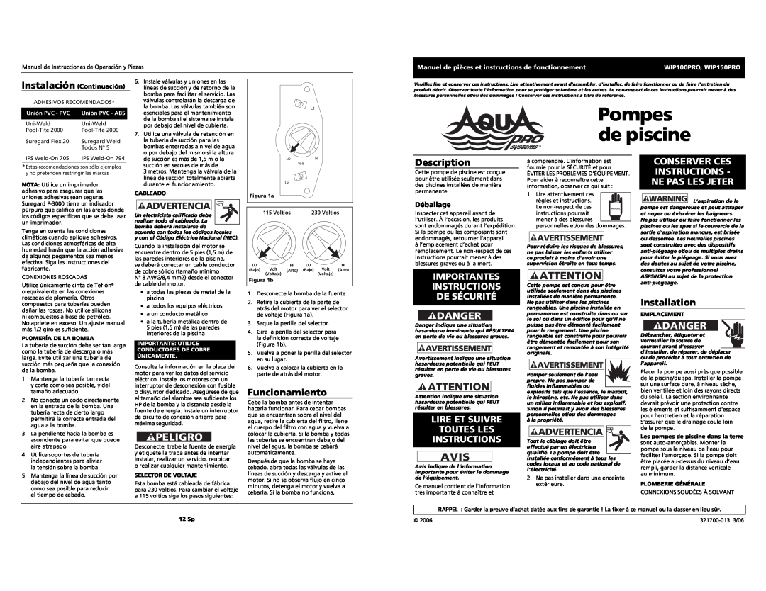 AquaPRO WIP100PRO Pompes de piscine, Avis, Danger, Importantes Instructions De Sécurité, Avertissement, Déballage, 12 Sp 