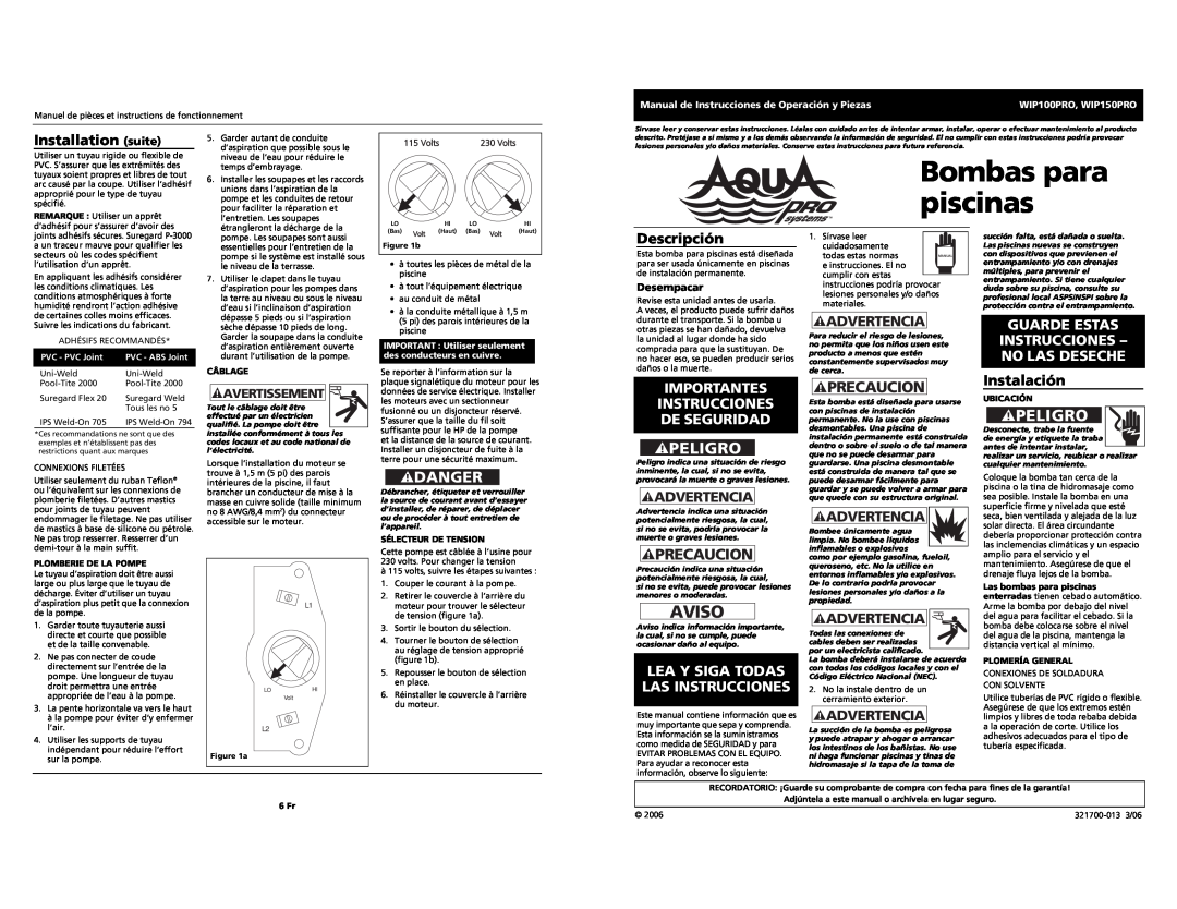 AquaPRO WIP150PRO Bombas para piscinas, Aviso, Installation suite, Descripción, Importantes Instrucciones De Seguridad 