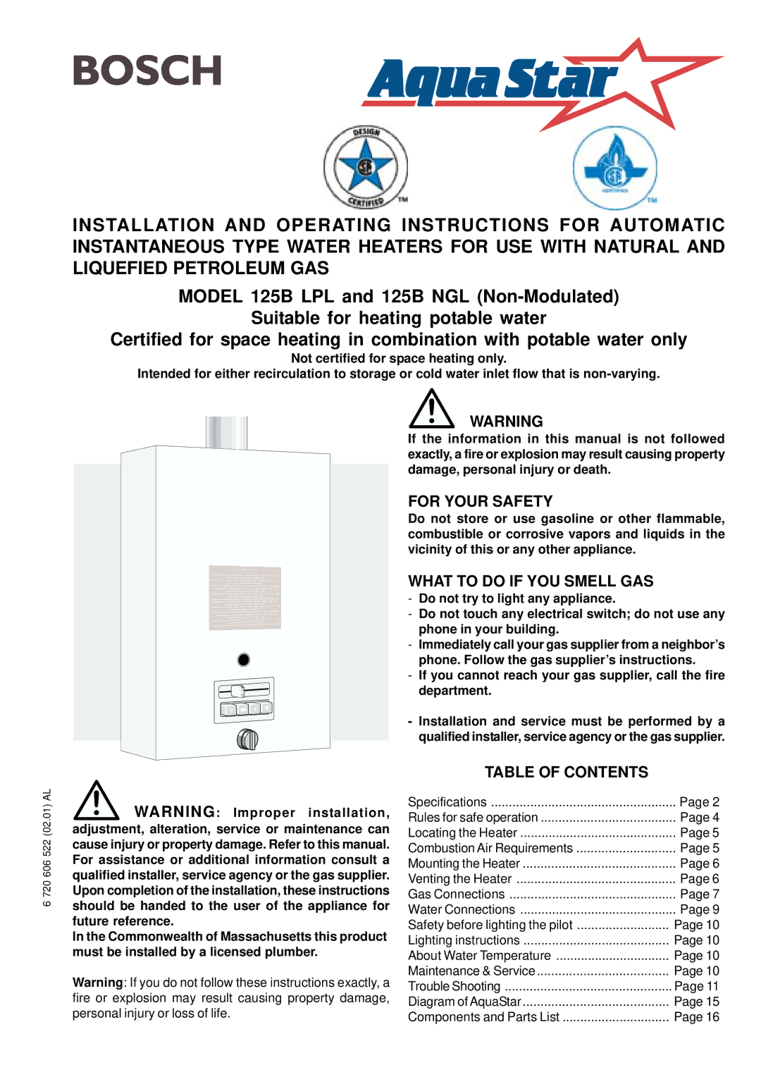 AquaStar 125B NGL, 125B LPL specifications For Your Safety, What to do if YOU Smell GAS, Table of Contents 