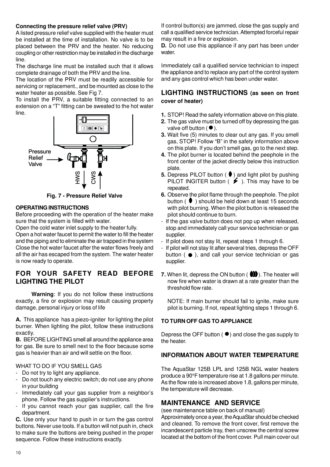 AquaStar 125B LPL, 125B NGL For Your Safety Read Before Lighting the Pilot, Lighting Instructions as seen on front 