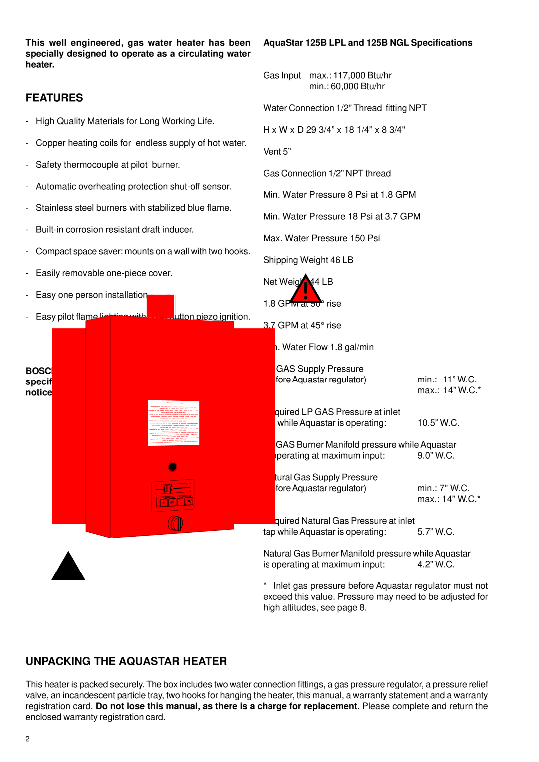 AquaStar 125B LPL, 125B NGL specifications Features, Unpacking the Aquastar Heater 