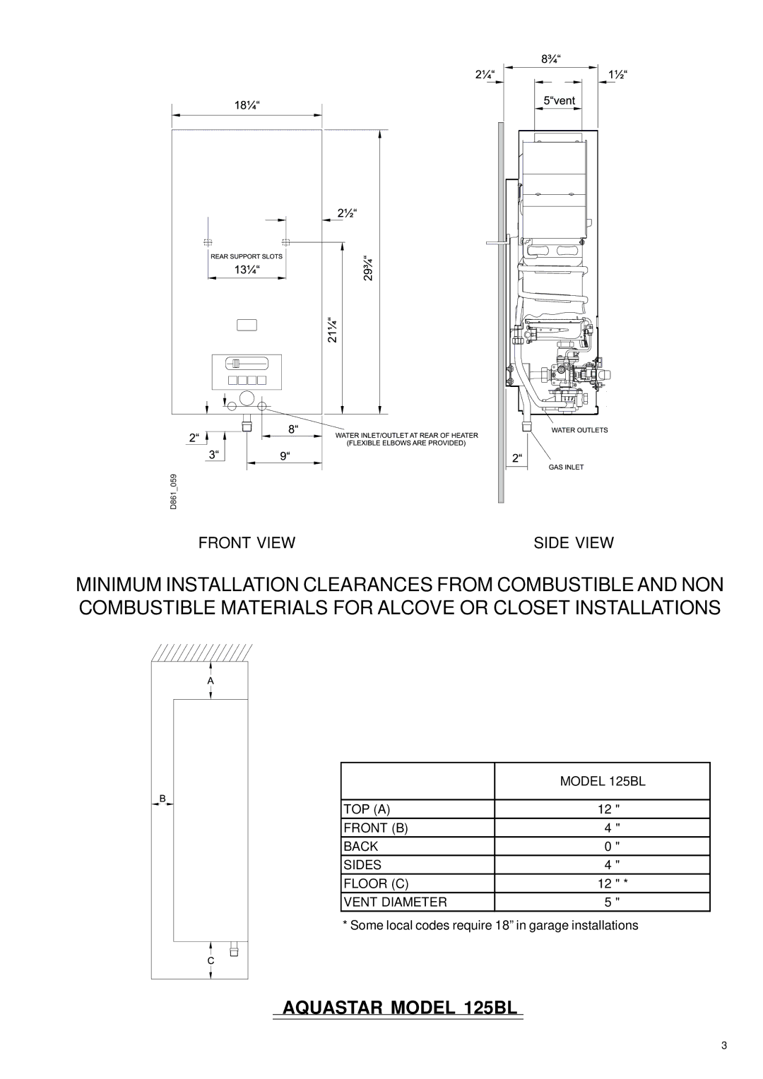 AquaStar 125B NGL, 125B LPL specifications Aquastar Model 125BL 