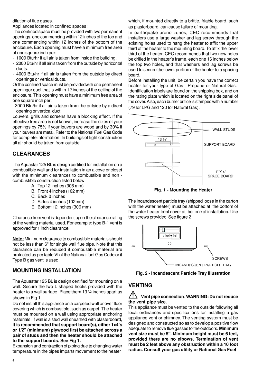 AquaStar 125B LPL, 125B NGL specifications Clearances, Mounting Installation, Venting 