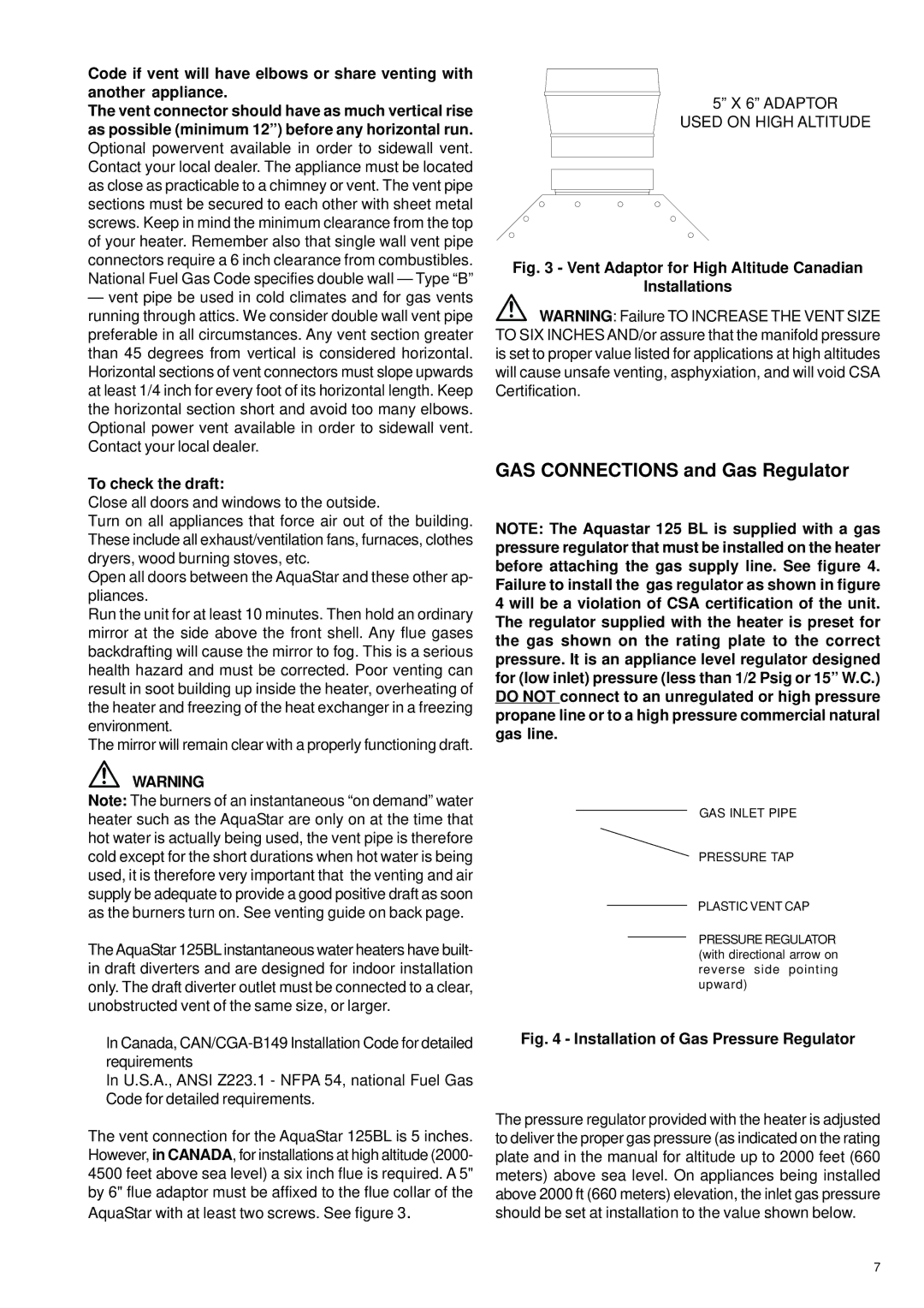 AquaStar 125B NGL, 125B LPL specifications GAS Connections and Gas Regulator, To check the draft 