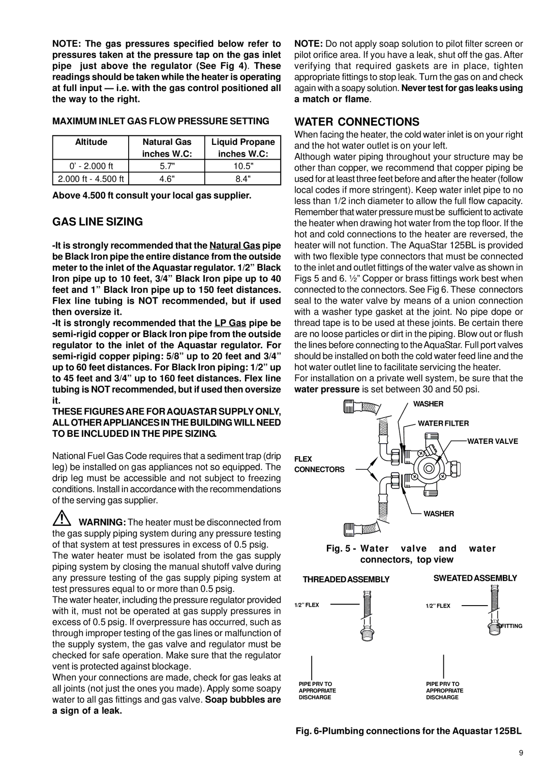 AquaStar 125B NGL, 125B LPL specifications GAS Line Sizing, Water Connections, Maximum Inlet GAS Flow Pressure Setting 