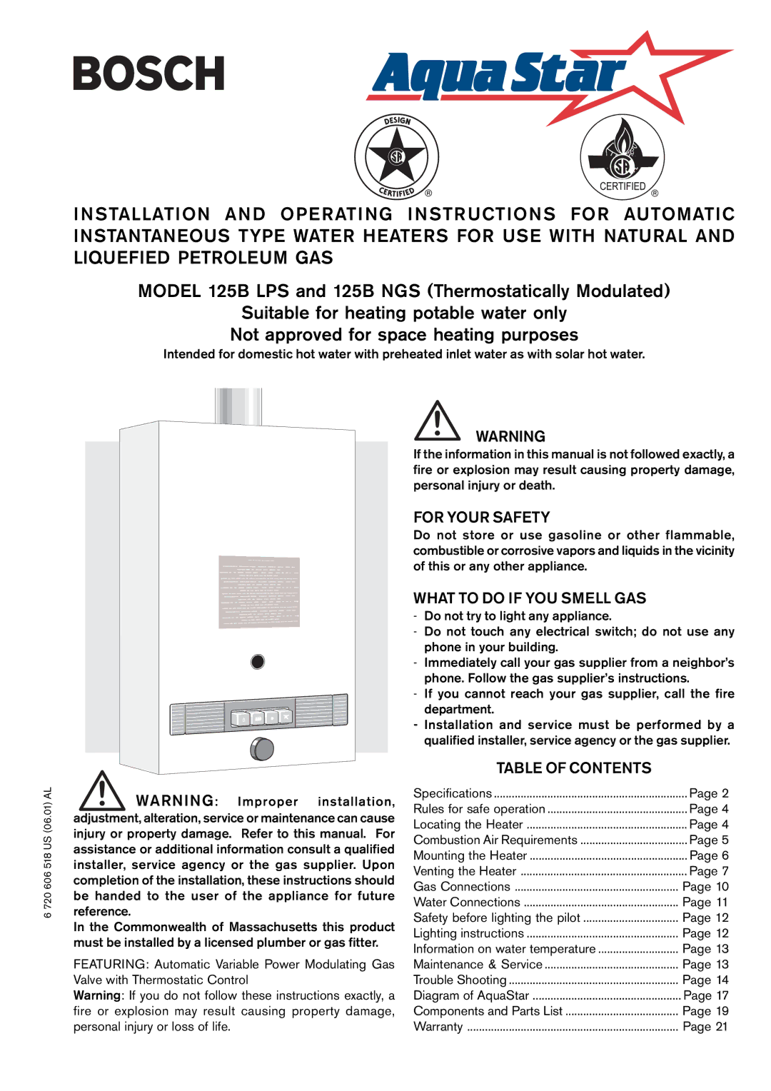 AquaStar 125B NGS specifications For Your Safety, Table of Contents 