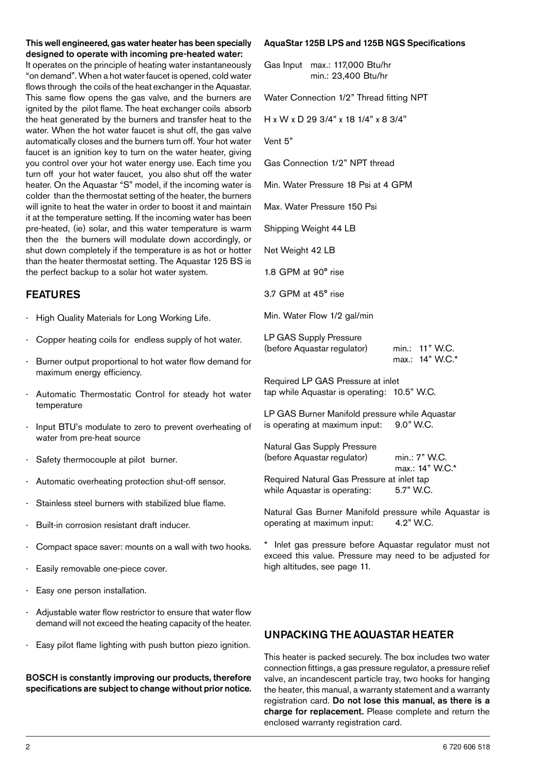 AquaStar 125B NGS specifications Features, Unpacking the Aquastar Heater, Required Natural Gas Pressure at inlet tap 