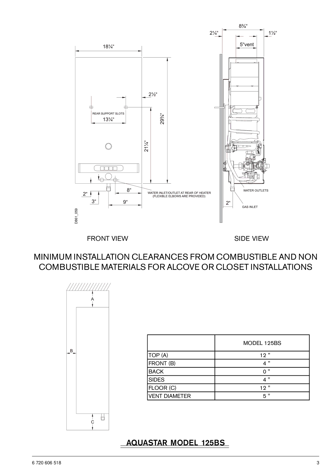 AquaStar 125B NGS specifications Front View Side View, Model 125BS, TOP a Front B Back Sides Floor C Vent Diameter 