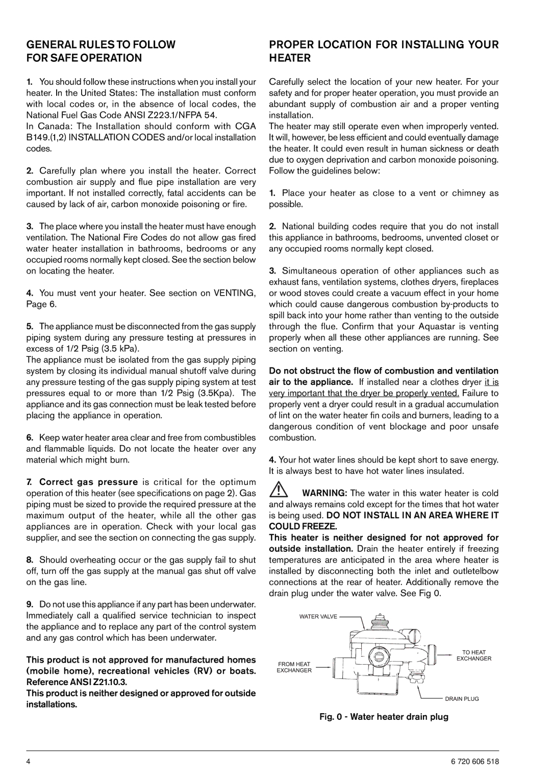 AquaStar 125B NGS specifications General Rules to Follow For Safe Operation, Proper Location for Installing Your Heater 