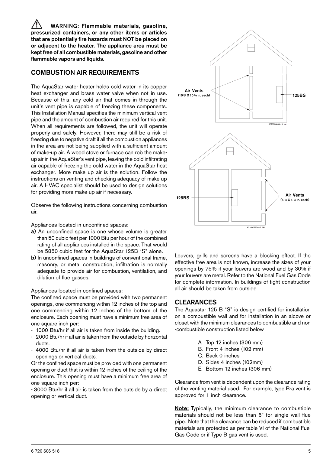 AquaStar 125B NGS specifications Combustion AIR Requirements, Clearances 