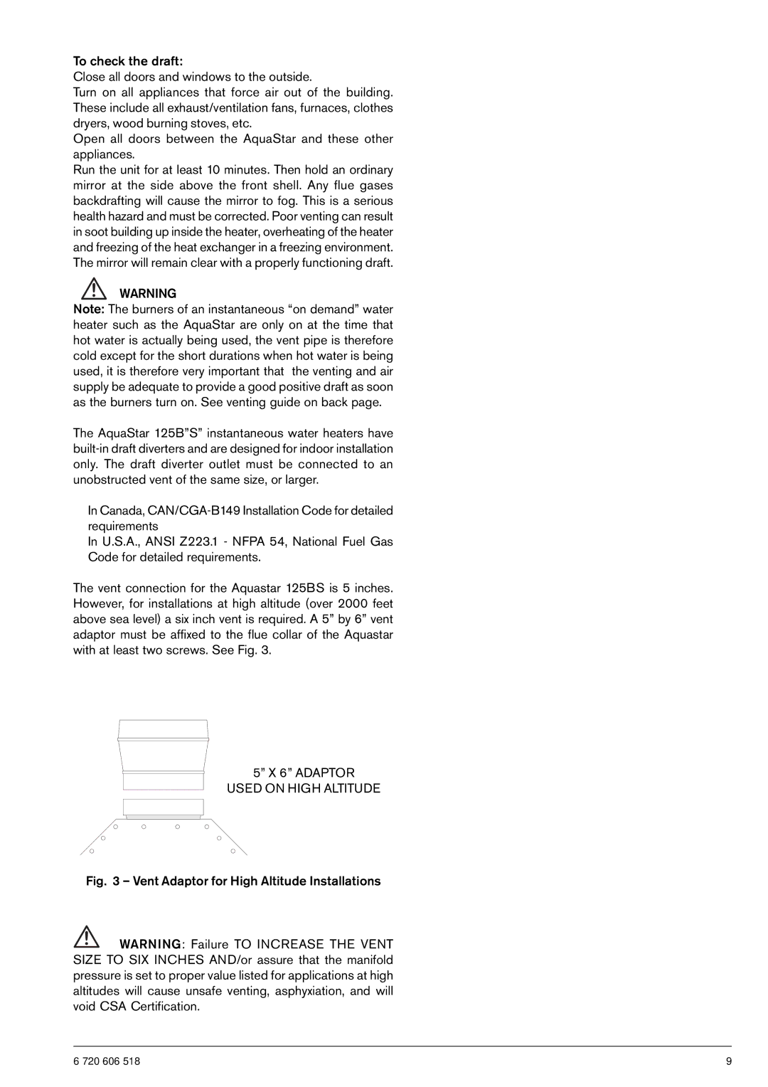 AquaStar 125B NGS specifications Adaptor Used on High Altitude, Vent Adaptor for High Altitude Installations 