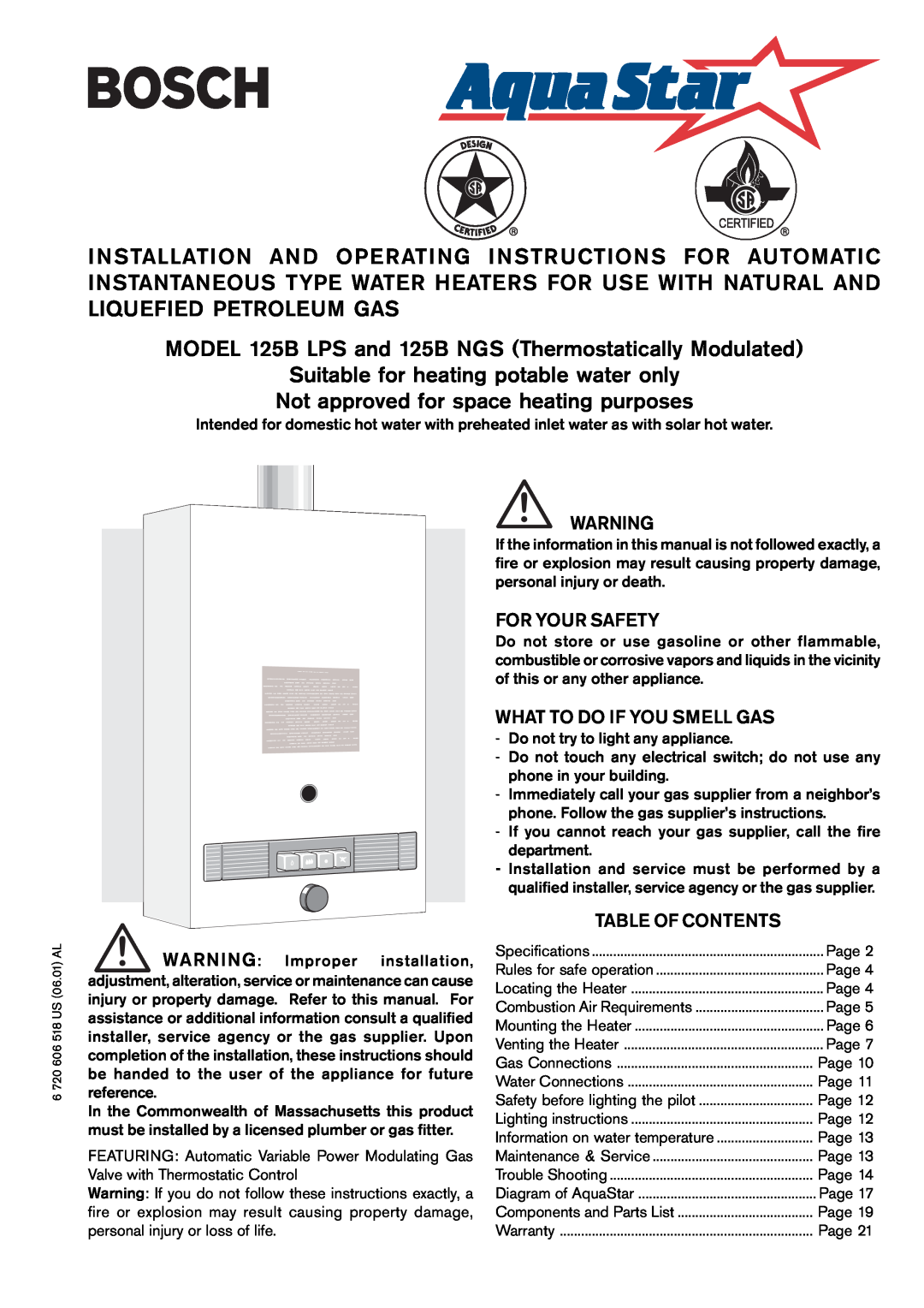 AquaStar specifications MODEL 125B LPS and 125B NGS Thermostatically Modulated 