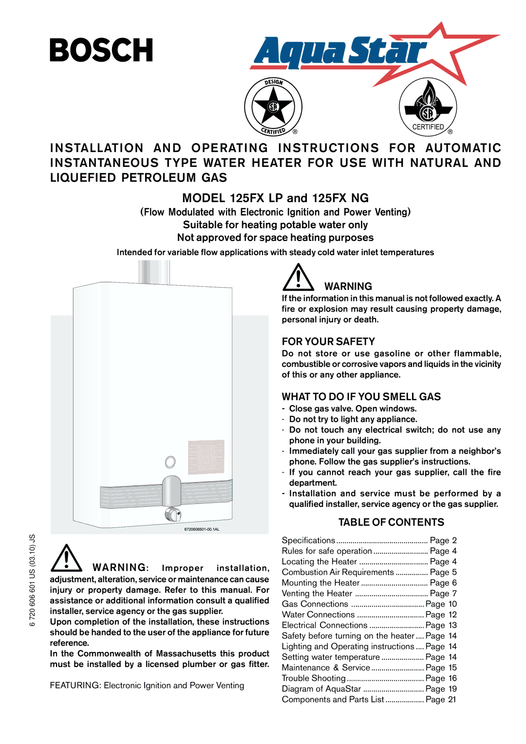 AquaStar 125FX LP, 125FX NG specifications For Your Safety, What to do if YOU Smell GAS, Table of Contents 