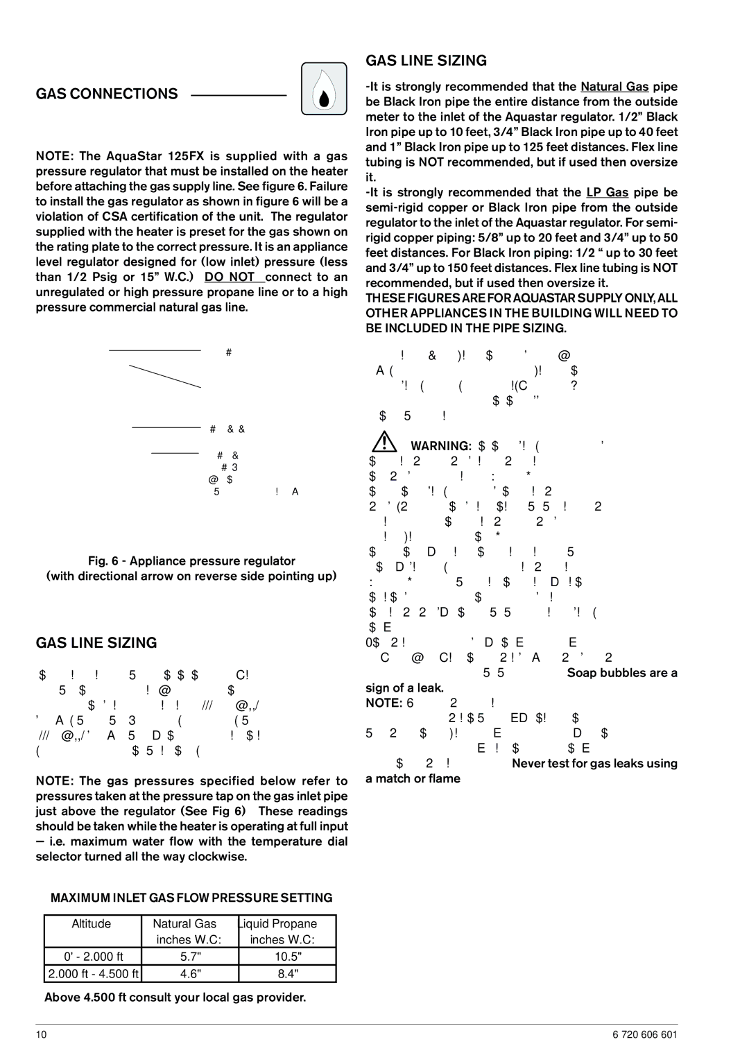 AquaStar 125FX NG, 125FX LP specifications GAS Connections, GAS Line Sizing 