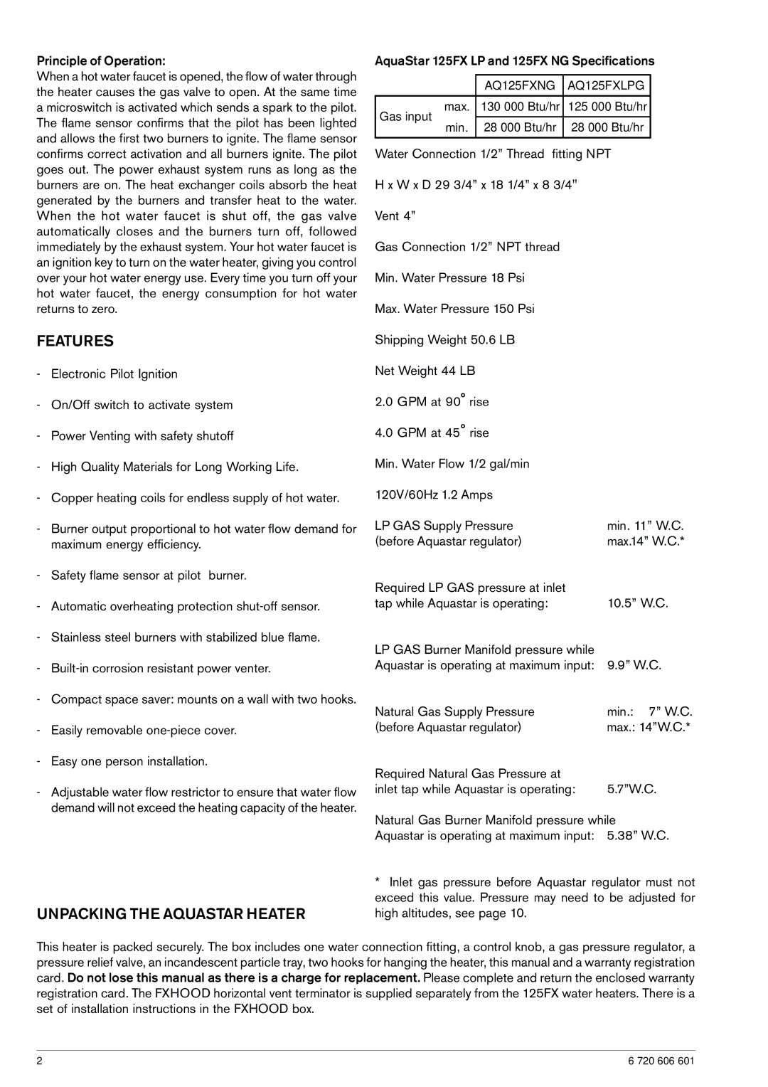 AquaStar 125FX NG, 125FX LP specifications Features, Unpacking the Aquastar Heater 