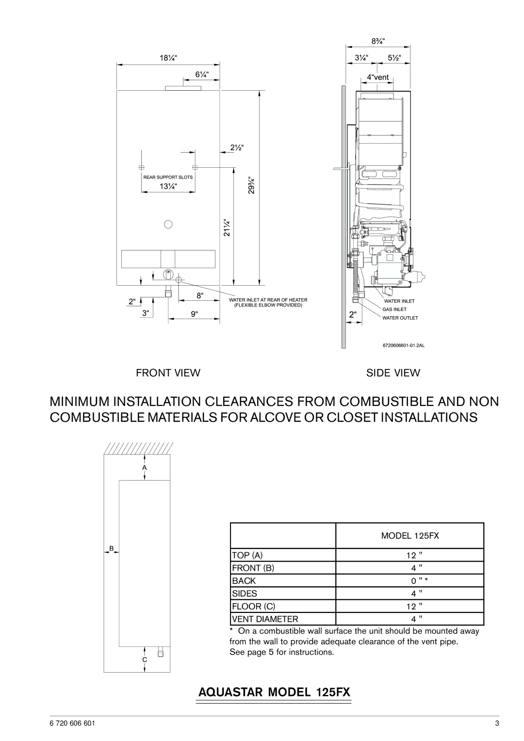 AquaStar 125FX LP, 125FX NG specifications Front View Side View, TOP a Front B Back Sides Floor C Vent Diameter 