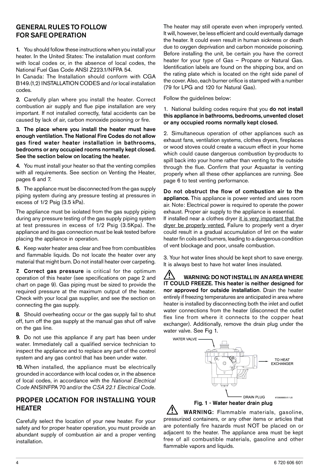 AquaStar 125FX NG, 125FX LP General Rules to Follow For Safe Operation, Proper Location for Installing Your Heater 