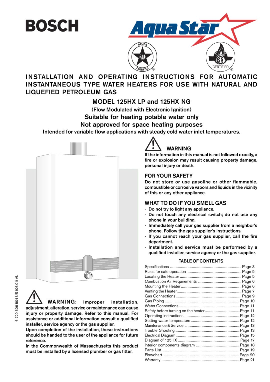 AquaStar 125HX NG, 125HX LP specifications For Your Safety, What to do if YOU Smell GAS, Table of Contents 