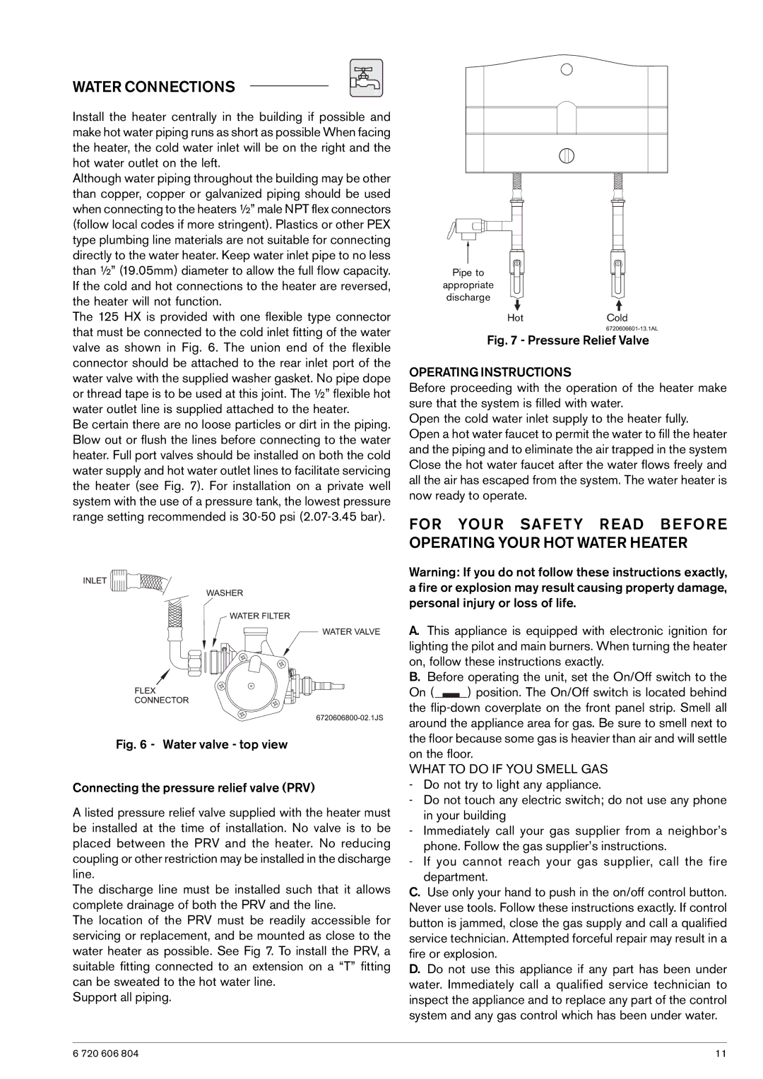 AquaStar 125HX NG, 125HX LP specifications Water Connections, Operating Instructions 