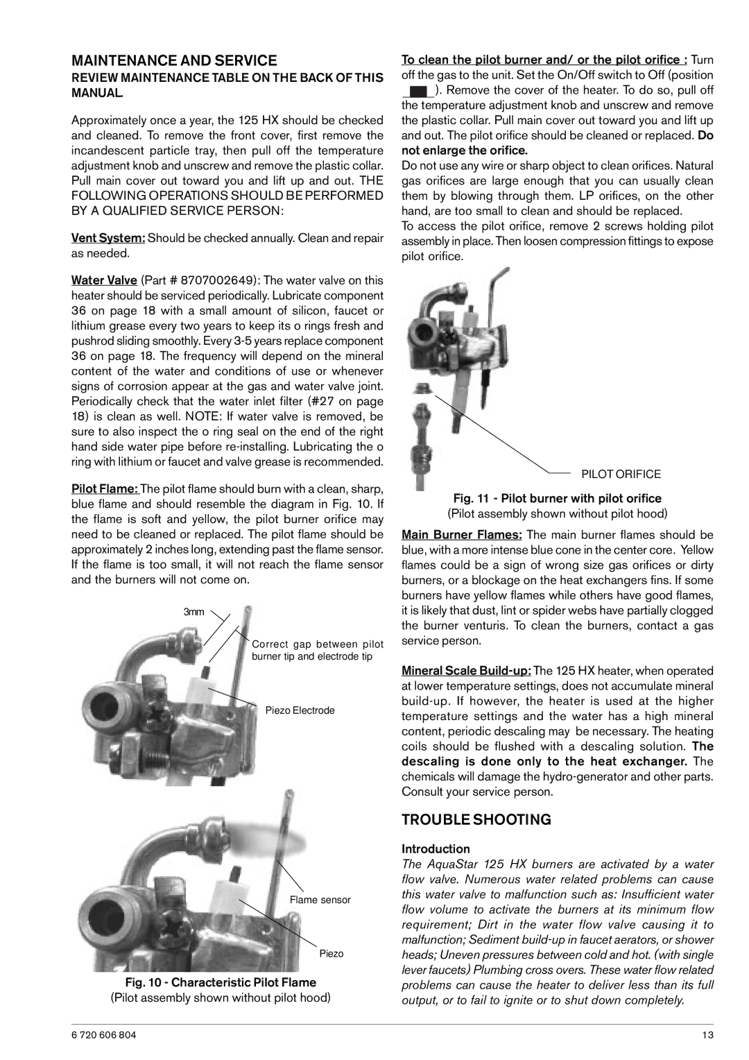 AquaStar 125HX NG, 125HX LP Maintenance and Service, Trouble Shooting, Review Maintenance Table on the Back of this Manual 