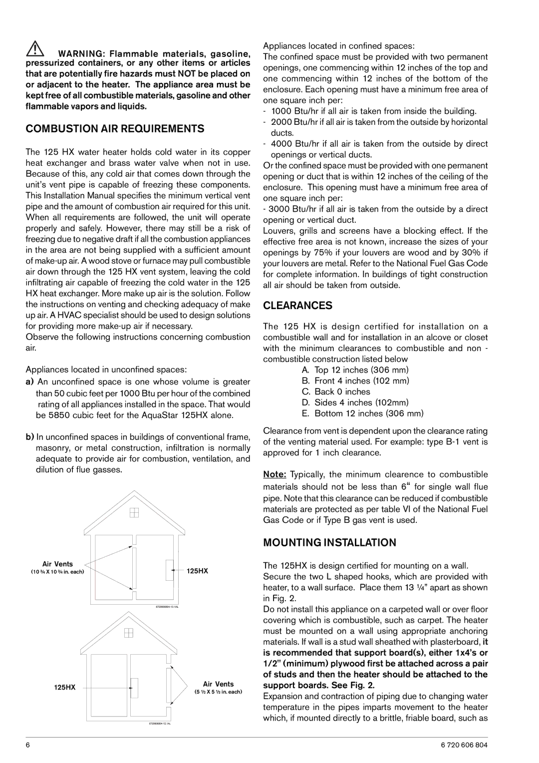 AquaStar 125HX LP, 125HX NG specifications Combustion AIR Requirements, Clearances, Mounting Installation 