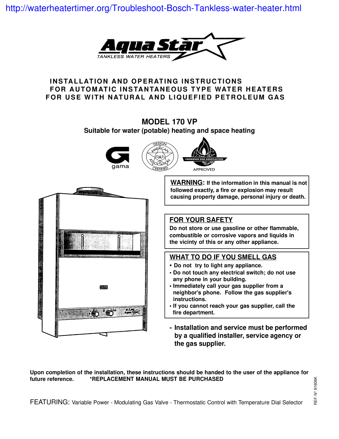 AquaStar 170 VP manual Suitable for water potable heating and space heating, For Your Safety, What to do if YOU Smell GAS 