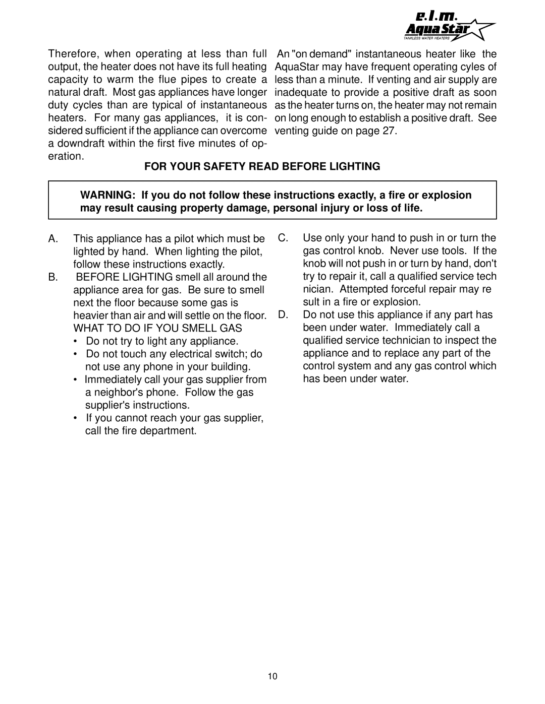 AquaStar 170 VP manual For Your Safety Read Before Lighting, What to do if YOU Smell GAS 