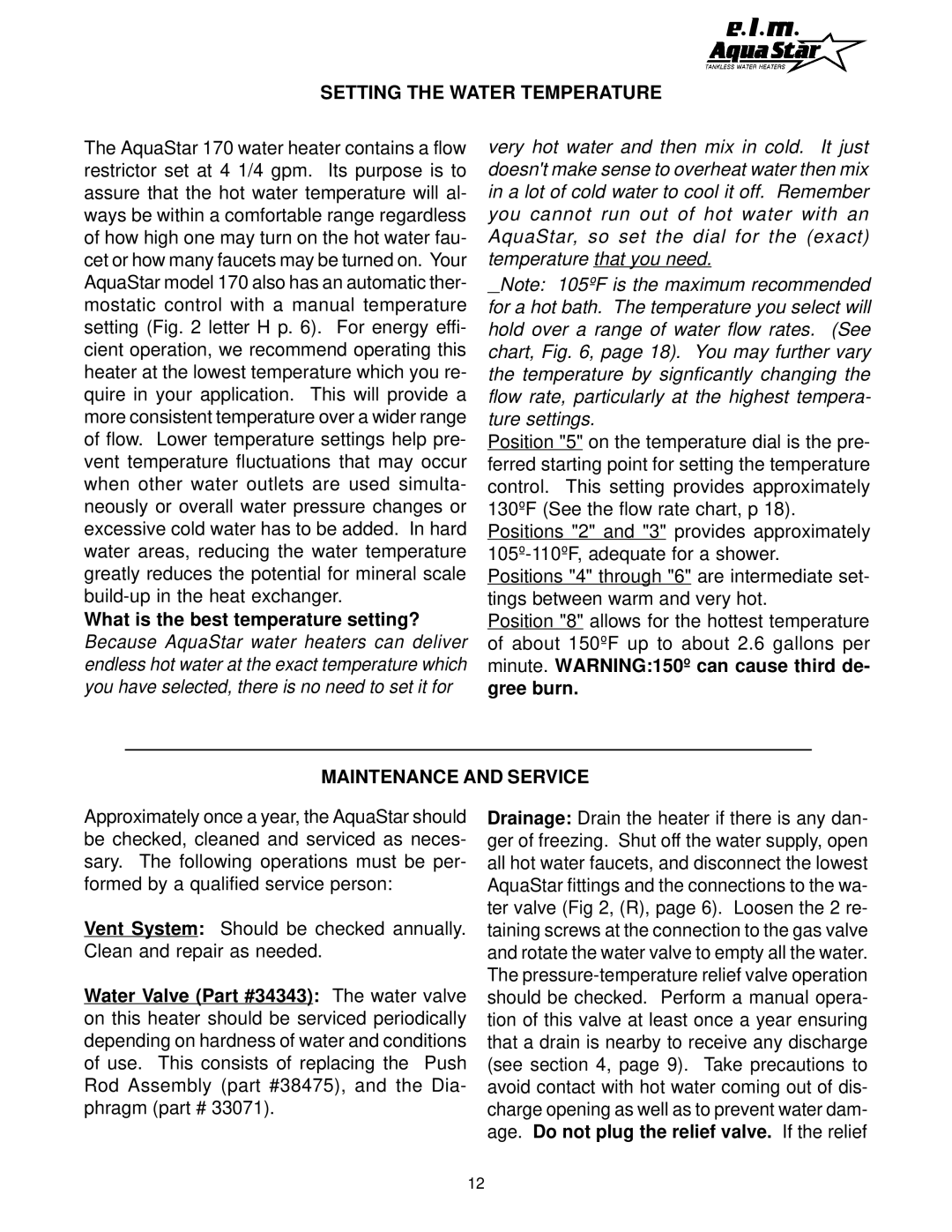 AquaStar 170 VP manual Setting the Water Temperature, Maintenance and Service 