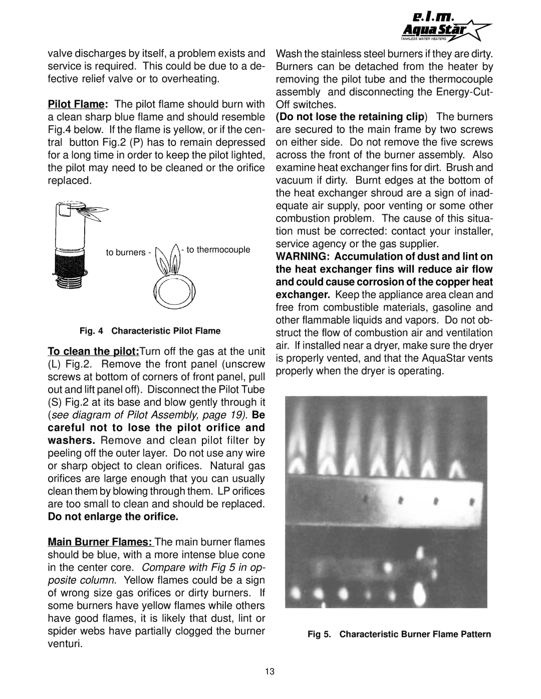 AquaStar 170 VP manual Do not enlarge the orifice, Characteristic Pilot Flame 