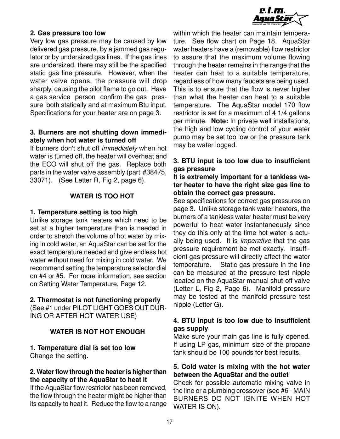 AquaStar 170 VP manual Gas pressure too low, Water is TOO HOT, Temperature setting is too high, Water is not HOT Enough 