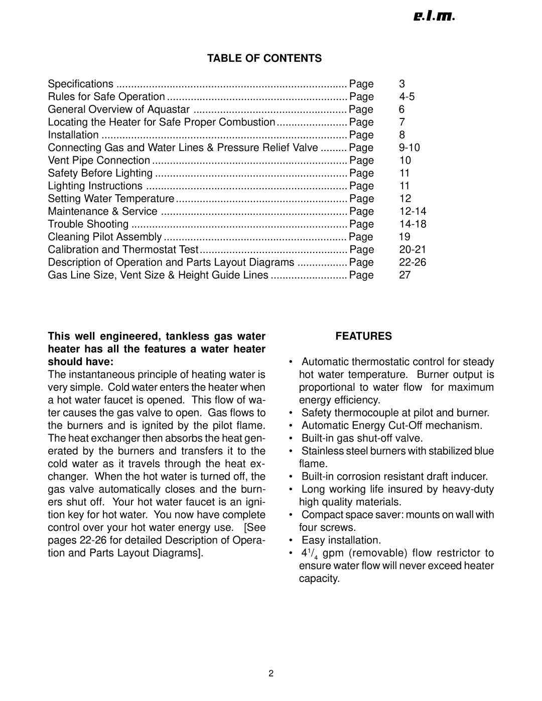 AquaStar 170 VP manual Table of Contents, Features 