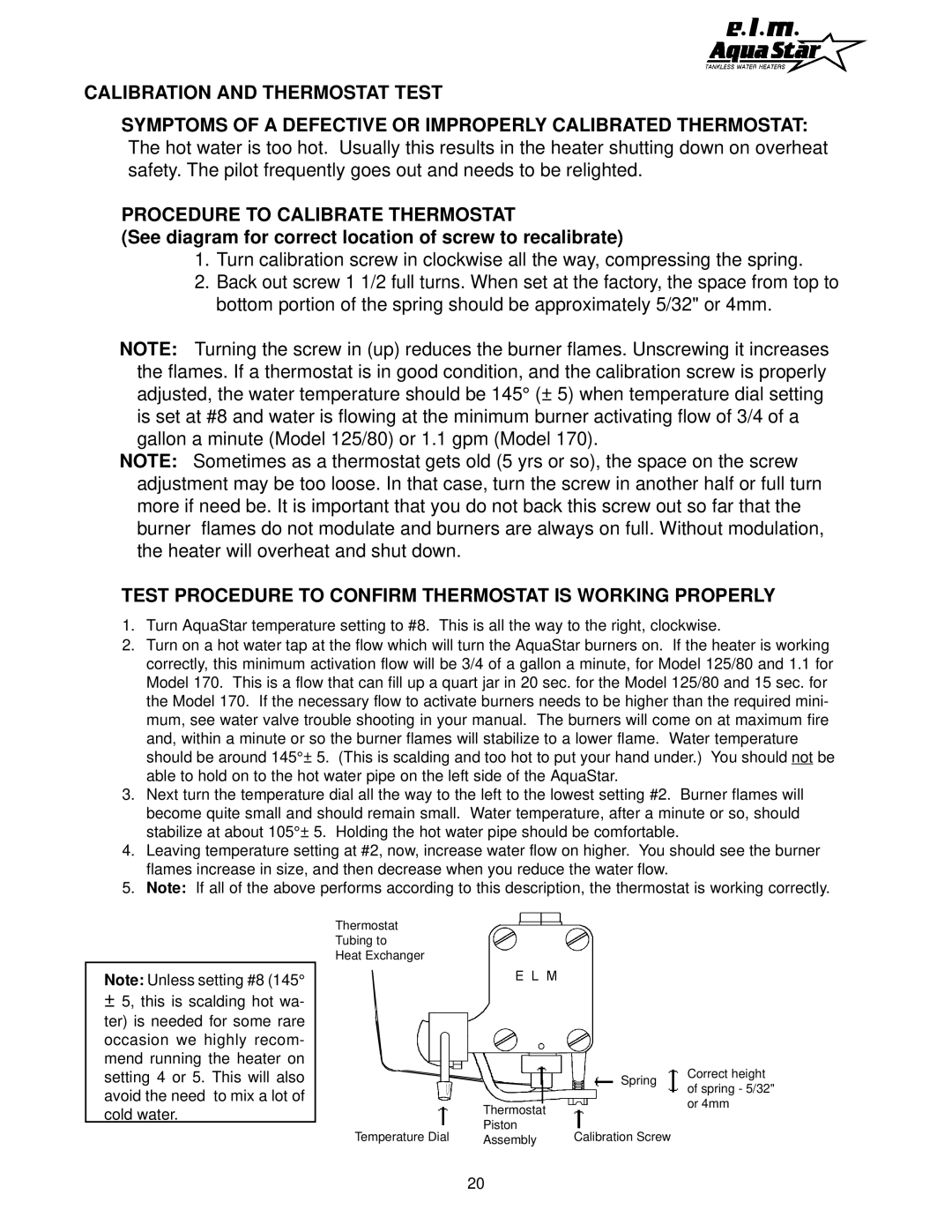 AquaStar 170 VP manual Calibration and Thermostat Test, Procedure to Calibrate Thermostat 