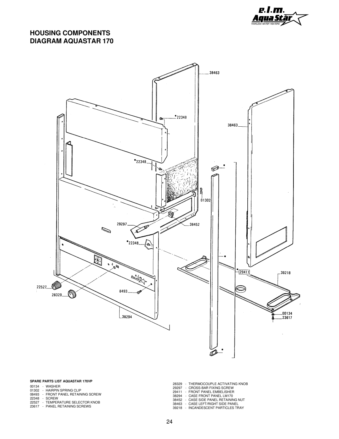 AquaStar 170 VP manual Housing Components Diagram Aquastar, Spare Parts List Aquastar 170VP 