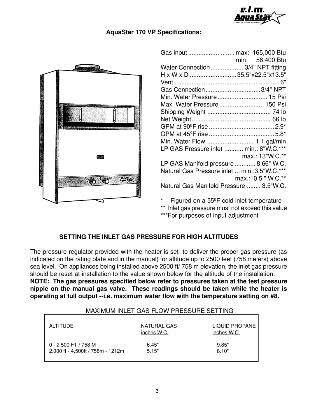 AquaStar manual AquaStar 170 VP Specifications, Setting the Inlet GAS Pressure for High Altitudes 