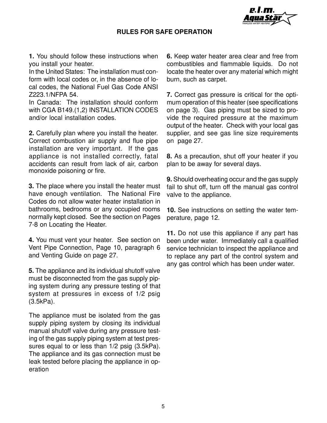 AquaStar 170 VP manual Rules for Safe Operation 