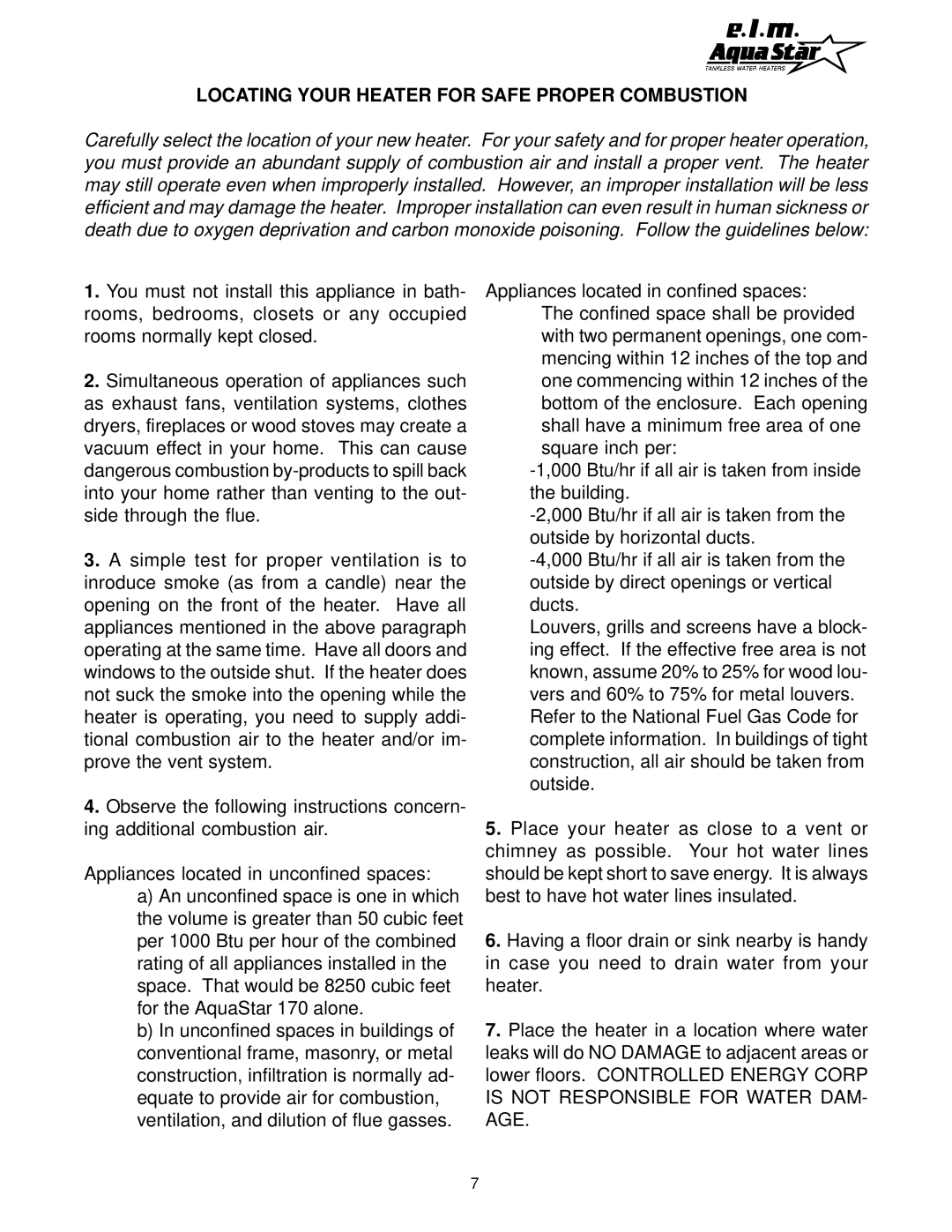 AquaStar 170 VP manual Locating Your Heater for Safe Proper Combustion 