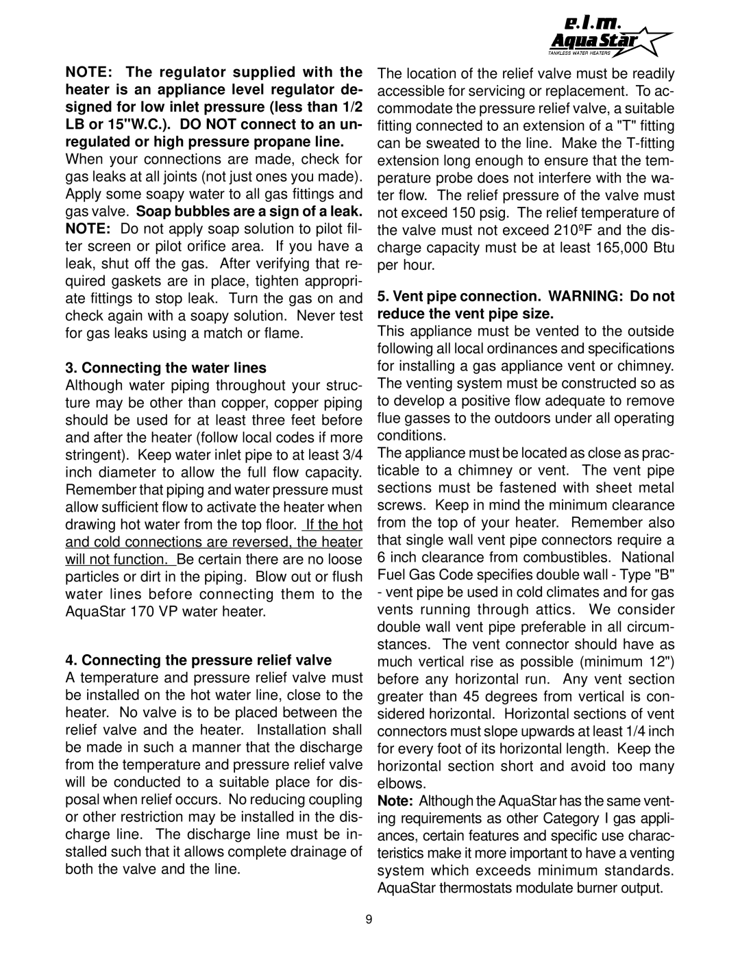 AquaStar 170 VP manual Connecting the water lines, Connecting the pressure relief valve 